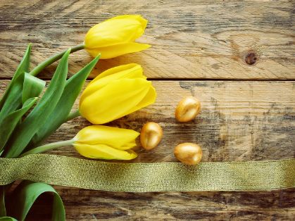 Bild: Ostereier und Tulpen zu Ostern